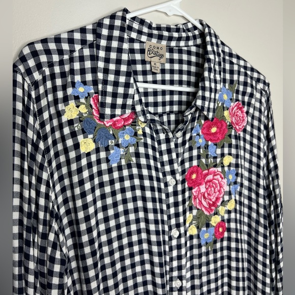 COMO VINTAGE - floral embroidered checkered button down shirt.  XL - 🤩 - Picture 3 of 9